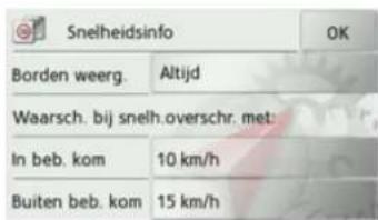 Snelheidsinfo Borden weerg. Altijd Waarsch. bij snelh.overschr. met: In beb. kom 10 km/h Buiten beb. kom 15 km/h OK