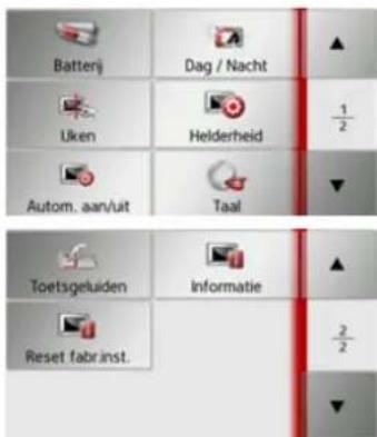 Batterij Dag / Nacht Uken Helderheid 1/2 Autom. aan/uit Taal Toetsgeluiden Informatie Reset fabrinst. 2/2