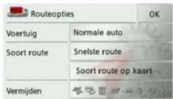 Routeopties OK Voertuig Normale auto Soort route Snelste route Soort route op kaart Vermijden