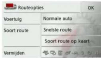 Routeopties OK Voertuig Normale auto Soort route Snelste route Soort route op kaart Vermijden