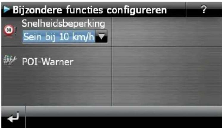 Bijzondere functies configureren Snelheidsbeperking Sein bij 10 km/h POI-Warner