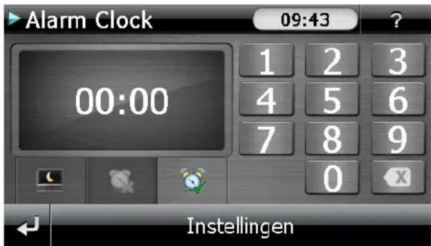 Alarm Clock 09:43 ? 1 2 3 00:00 4 5 6 7 8 9 0 Instellingen