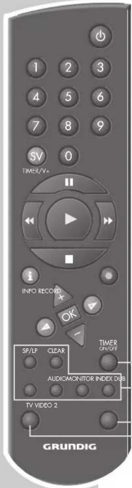 1 2 3 4 5 6 7 8 9 SV 0 TIMER/V+ INFO RECORD OK SP/LP CLEAR AUDIOMONITOR INDEX DUB TV VIDEO 2 GRUNDIG TIMER ON/OFF