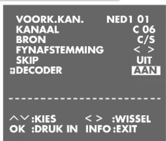VOORK.KAN. NED1 01 KANAAL C 06 BRON C/S FYNAFSTEMMING < > SKIP UIT #DECODER AAN ^V:KIES < > :WISSEL OK :DRUK IN INFO:EXIT