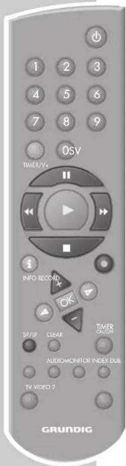 1 2 3 4 5 6 7 8 9 OSV TIMER/V+ INFO RECORD OK SP/IP CLEAR TIMER ON/SP AUDIOMONITOR INDEX DUB TV VIDEO ? GRUNDIG
