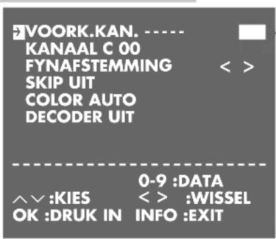 VOORK.KAN. ---- KANAAL C 00 FYNAFSTEMMING SKIP UIT COLOR AUTO DECODER UIT 0-9 :DATA ^V :KIES < > :WISSEL OK :DRUK IN INFO :EXIT