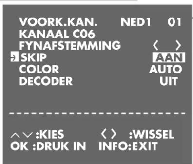VOORK.KAN. NED1 01 KANAAL C06 FYNAFSTEMMING SKIP COLOR DECODER AAN AUTO UIT ^^:KIES < > :WISSEL OK :DRUK IN INFO:EXIT