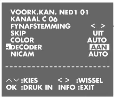 VOORK.KAN. NED1 01 KANAAL C 06 FYNAFSTEMMING SKIP COLOR DECODER NICAM < > UIT AUTO AAN AUTO ^^ :KIES < > :WISSEL OK :DRUK IN INFO :EXIT