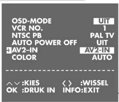 OSD-MODE VCR NO. NTSC PB AUTO POWER OFF AV2-IN COLOR UIT 1 PAL TV UIT AV2-IN AUTO ^^:KIES OK :DRUK IN <> :WISSEL INFO:EXIT