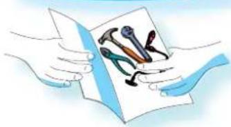 Illustration of hands holding a folded paper with various hand tools (no text or symbols)