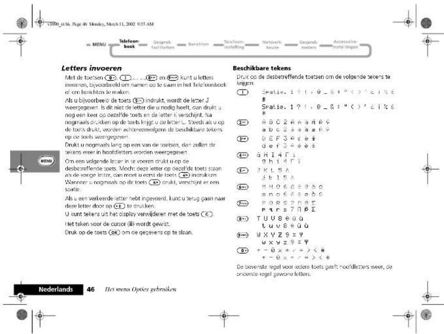 Letter invoeren Met de toets (1) ... ... en 8 kunt u letters invoren, bijvoorbeeld om namen op te staan in het Telefoonboek of om benichten te maken. Als u bijvoorbeed de toets (5) indukt, wordt de letter J weergegeven. Is dit niet de letter die u nodig heeft, can drukt u nog een keer op gezafide toets en de letter K verschijnt. Na nogmaals drücken op de toets krigt u de letter L. Steeds als u op de toets drukt, worden achterenvolgens de beschikbare tekens op die toets weergegeven. Drukt u nogmaals lang op een van de toets, dan zullen de tekens weer in hoofdletters worden weergegeven. Om een volgende letter in te voeren drukt u op de desbetreffende toets. Mocht deze letter op gezafide toets staan als de vinge letter, dan moet u eerst de toets (2) indukzen Wanneer u nogmaals op de toets (3) drukt, verschijnt er een soate. Als u een verkeerde letter hebt ingevoerd, kunt u terug gaan maar deze letter door op (4) te drücken. U kunt tekers uit het display verwijderen met de toets (5). Het teken voor de cursor (6) wordt gewist. Druk op de toets (6) om de gegevens op te slaan. Beschikbare tekens Druk op de desbetreffende toets om de volgende tekers te krigen: ① Sstatie. 1 ? ! , @ _ & : " ( ) ' < i % € $ Sstatie. 1 ? ! , @ _ & : " ( ) ' < i % € R B C Z A R A R P Y a b c Z a e a a P Y ② DE F S 4 E # § d e f J 3 E # E S ③ G H I 4 Γ I g h i 4 Γ I ④ J K L S A j k l S A ⑤ H N D 6 A B A O m n o 6 A B A O ⑥ P O B S Z N E S P q r s 7 Π B Σ ⑦ T U U 8 E 0 U t u v 8 E U U ⑧ W X Y Z 9 = Ψ w x y z 9 = Ψ ⑨ + - ß x + / = > < # + - ß x = / = > < # De bovemste regel voor iedere toets gaeft hoofdletters weer, de onceerste regel geworne letters.