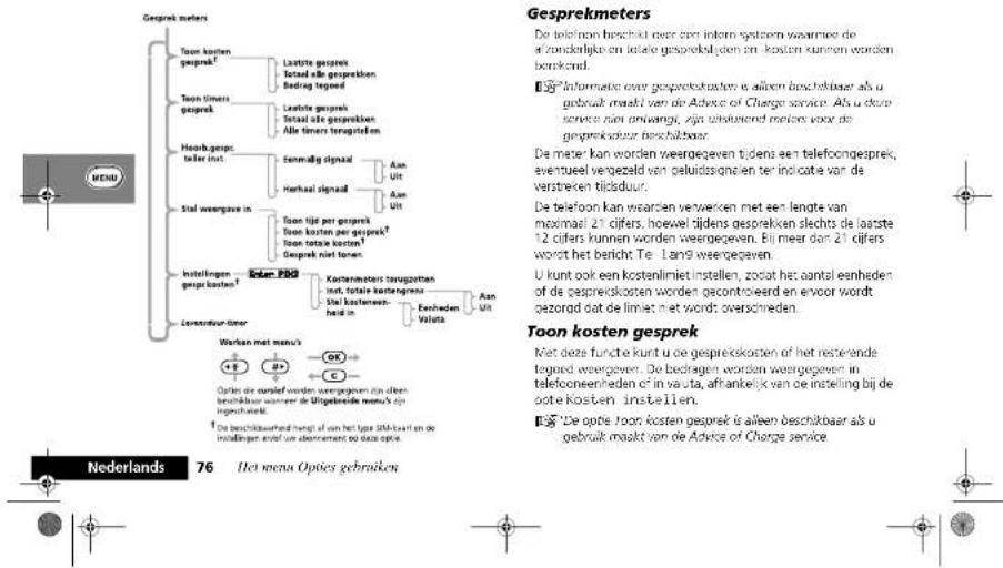 CJPO_e16. Page 77 Monday, March 11, 2002 9:55 AM MENU Telefoon book Gesprek- facilitaten Berichten Telefoon- installing Network kouze Gesprek- meters Accessoire installingen Laatste gesprek Druk op (T). Kies de Quick Access-functie (38) Gespreksosten/ of spreek het betreffende spraaklabel in na de toon. Die 'Spraksturing voor Quick Access-functies'. De kosten van het laatste gesprek worden weergegeven. Totaal alle gesprekken De kosten van alle gesprekken worden weergegeven vanaf het moment dat de kostentellers op nul zijn gezel met de optie 'Kostenmetters terugzetten'. Bedrag tegoed Druk op (T). Kies de Quick Access-functie (38) Tegaed open/ of spreek het betreffende spraaklabel in na de toon. Die 'Spraksturing voor Quick Access-functies'. Geelt het verschil weer tussen de totale gesprekkosten en de lmeet die is ingesteld bij de optie 'Sotale grims instellen'. Als er geen limeti is, wordt geen 'demea' infies teid weergegeven. Toon timers gesprek Net deze functie kunt u de gespreksduer weergeven en de teller weer op nul zetten. Als u gebruik maakt van de Advice of Charge service, wordt de tijd een alle gesprekken bijgehouden. Zo niet, dan words; athankelijk van het model, de tijd van alle gesprekuken of alleen van uitgaande gesprekken gemeien. Laatste gesprek Druk op (T). Kies de Quick Access-functie (38) Timer gesprek/ of spreek het betreffende spraaklabel in na de toon. Die 'Spraksturing voor Quick Access-functies'. De duur van uw laatste gesprek wordt weergegeven. Totaal alle gesprekken De duur van alle gesprekken wordt weergegeven vanaf het moment dat de teller weer op nul is gezel met de optie 'Alle timers terugzetten'. Alle timers terugzetten De timer word: teruggezet op nul. De levensduurtimer kan niet: opnieuw worden ingezteo. Hoorbare gesprektellers instellen De teefoon beschikt over twee programmeerbare voorbare gesprektellers: • Het 'Eenmolig signaal' geeft per gesprek één pleptoon nadat de ingestelde tijd is verstreken. • Het 'I therhaalsignaal' geeft met een bepaalde regelmaat geluidssignalen tijdens een gesprek. In beide gevallen klinkt het geluidssignaal tien seconden voordat de ingestelde tijdsduur is verstreken. Het mena Opties gebraken 77 Nederlands