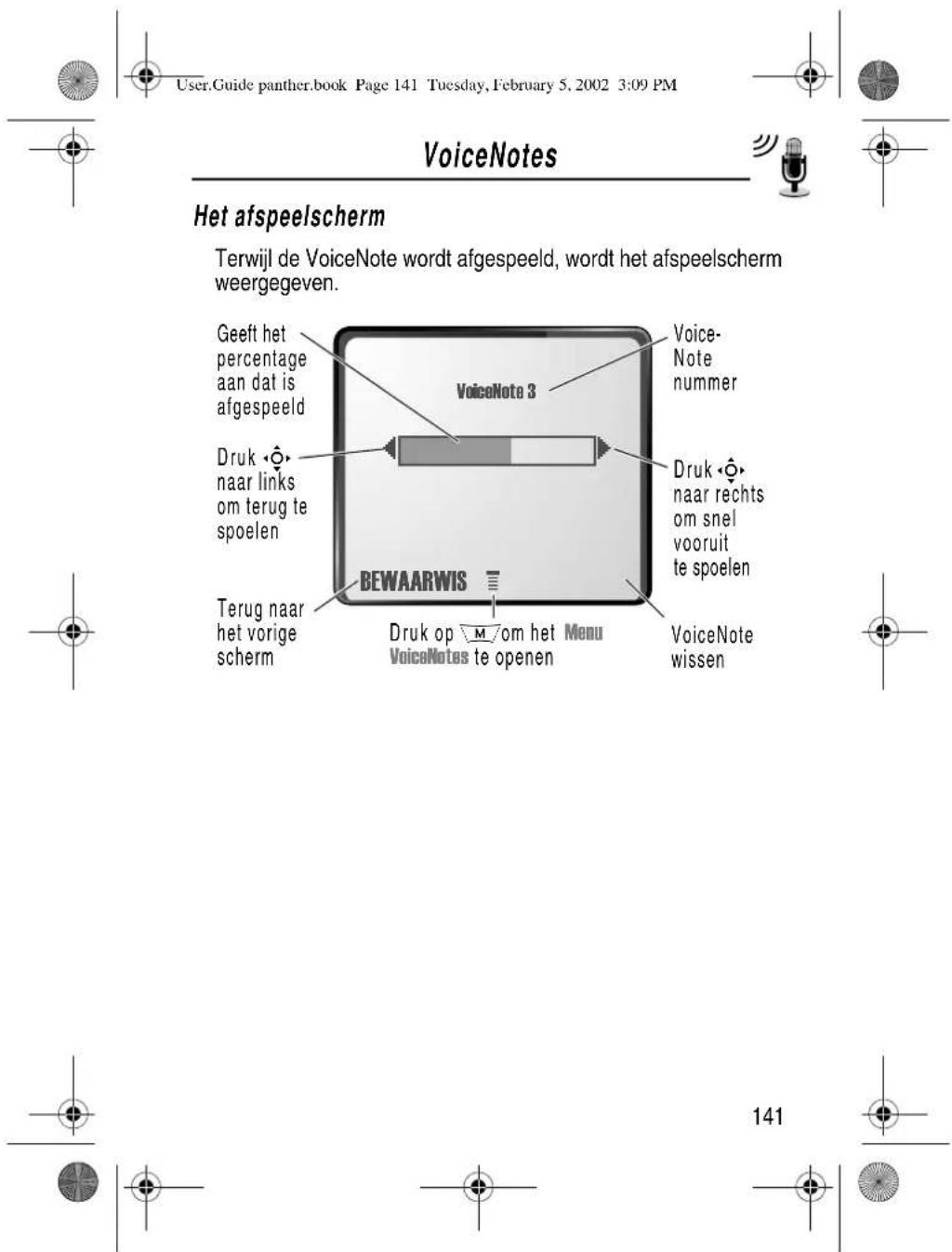 User.Guide panther.book Page 141 Tuesday, February 5, 2002 3:09 PM VoiceNotes Het afspeelscherm Terwijl de VoiceNote wordt afgespeeld, wordt het afspeelscherm weergegeven. Geeft het percentage aan dat is afgespeeld VoiceNote 3 Voice- Note nummer Druk <Ø> naar links om terug te spoelen Druk <Ø> naar rechts om snel vooruit te spoelen TERUG naar het vorige scherm Druk op M om het Menu VoiceNotes te openen VoiceNote wissen 141