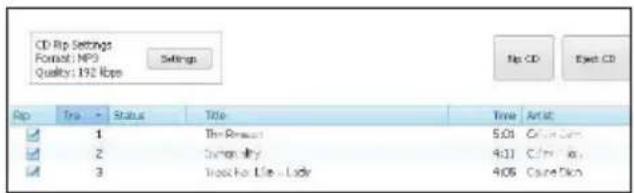 CD/Rep Settings Format: MP3 Quality: 192 Hbps Settings Rep CD Exact CD Rep Trip Status Title Time Artist ✓ 1 The Format 5:01 Circus Dom. ✓ 2 Customity 4:11 C/m Div. ✓ 3 Treacher Life - Lady 4:06 Cane Dcn