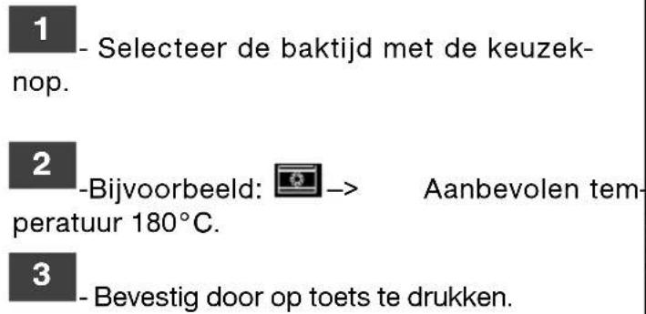 1 - Selecteer de baktijd met de keuzek-nop. 2 -Bijvoorbeeld: → Aanbevolen temperatuur 180°C. 3 - Bevestig door op toets te drukken.