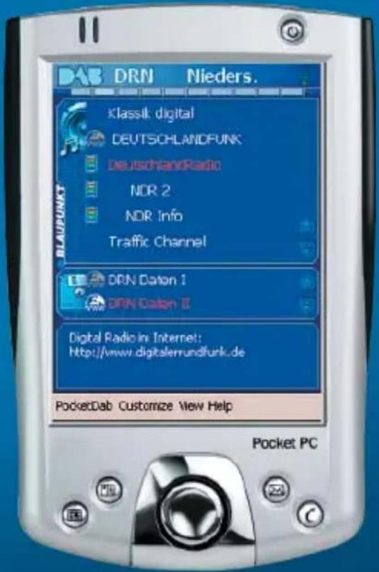 DRN Nieders. Klassik digital DEUTSCHLANDFUNK DeutschlandRadio NDR 2 NDR Info Traffic Channel DRN Daton 1 DRN Daton 2 Digital Radio in Internet: Http://www.digitalemundfunk.de PocketDab Customize View Help Pocket PC