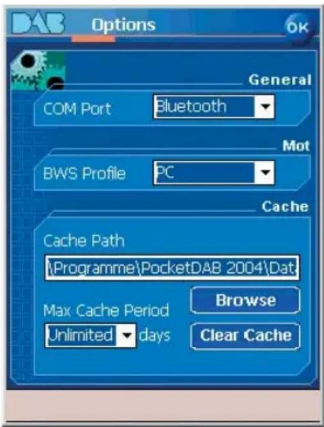 DAB Options OK General COM Port Bluetooth Mot BWS Profile PC Cache Cache Path \Programme\PocketDAB 2004\Dat Max Cache Period Unlimited days Browse Clear Cache