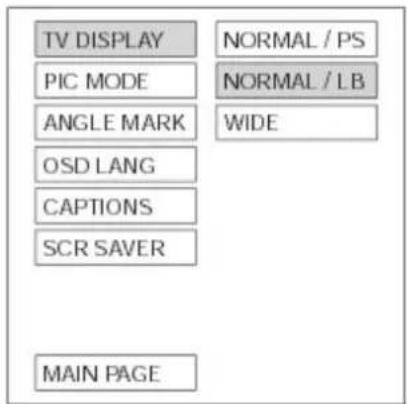 TV DISPLAY NIC MODE ANGLE MARK OSD LANG CAPTIONS SCR SAVER MAIN PAGE NORMAL / PS NORMAL / LB WIDE