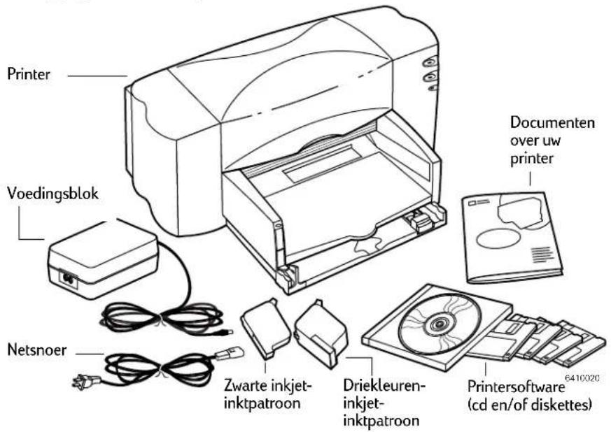 Printer Voedingsblok Netsnoer Zwarte inkjet- inktpatroon Driekleuren- inkjet- inktpatroon Documenten over uw printer 6410020 Printersoftware (cd en/of diskettes)