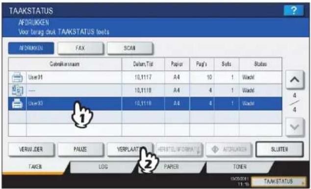 TAAKSTATUS AFDRUKKEN Voor terug druk TAAKSTATUS toets ATDRUKEN FAX SCAN Cabelkarsstaam Datum/Tiel Papier Page's Sets Status User01 10,1117 A4 10 1 Wacht User02 10,1118 A4 4 1 Wacht User03 10,1118 A4 4 1 Wacht VERUJDER PAUSE VERPLAAT HERITELINFORMATI ATDRUKEN SLUTEN TAKEN LOG PAPER TORER 10/05/2021 11:16 TAAKSTATUS