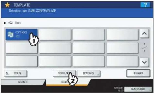 TEMPLATE Selecteer een SJABLOON/TEMPLATE 002 Sales COPY MODE 802 1 5 TERUG VERW. DEP BEWERKEN BEWAREN SELECTIE REGS 1605041 19:23 TANKSTATUS