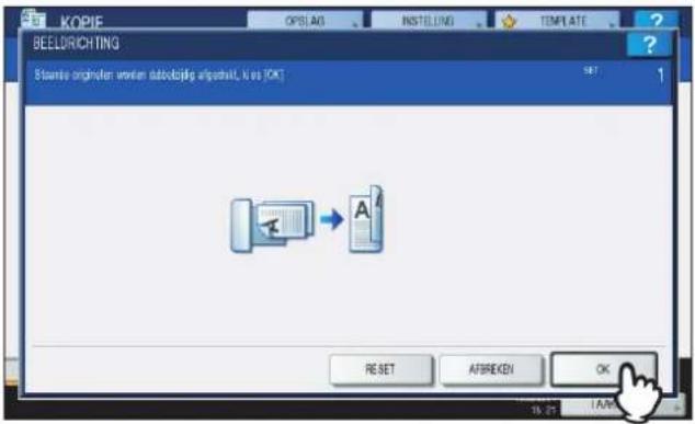 KOPIE OPSLAG INSTELING TEMPLATE BEELDRICHTING Staarsie originaten worden stabbeding afgebealt, li ve [OK] SET 1 RESET AFBREKEN OK 15.2" 1.A.M.