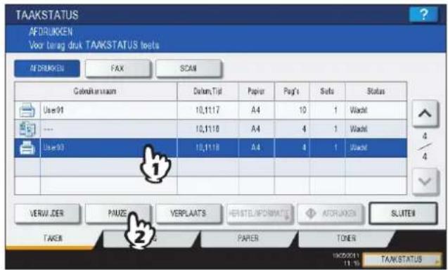 TAAKSTATUS AFDRUKKEN Voor tangan druk TAAKSTATUS tests AFDRUKKEN FAX SCAN Cebruktur stueen Datum,Tid Paper Page's Suts Status User01 10,11:7 A4 10 1 Wacht --- 10,11:0 A4 4 1 Wacht User02 10,11:8 A4 4 1 Wacht VERUJDER PAUZE VERPLAATS HERTE INFORMATE ATORUOKEN SLUTEN TAKER PAPER TONES 19/25/2011 11:16 TAAKSTATUS