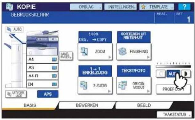 KOPIE GEBRUTKSKLHAR OPSLAG INSTELLINGEN... TEMPLATE ? 1 AUTO A4 A3 A4 R B4 AUTYDER LAGE APS HAND MINDER. 100% ORG. → COPY ZOOM SORTEREN UIT NIETENUIT FINISHING 1→1 ENKELZUDIG 2-ZUDIG TEKST/FOTO ORIGIN MODUS AUT PROEF COPY BASIS BEWERKEN BEELD TAAKSTATUS