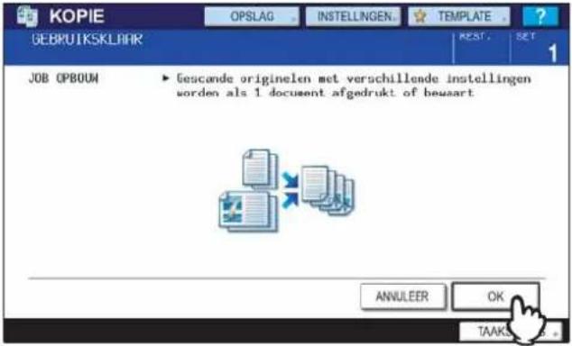 KOPIE OPSLAG INSTELLINGEN... TEMPLATE GEBRUTSKLBAH REST. SET 1 JOB OPBOUM ► Gescande originelen met verschillende instellingen worden als 1 document afgedrukt of bewaart ANNUER OK TAAKS