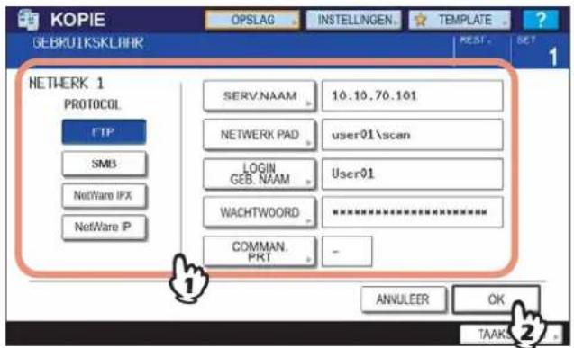 KOPIE GEBPU1KSKLHHR OPSLAG INSTELLINGEN... TEMPLATE ? NETHERK 1 PROTOCOL FTP SMB3 NetWare IPX NetWare IP SERV.NAAM 10.10.70.101 NETWERK PAD user01\scan LOGIN GEB.NAAM User01 WACHTWORD ********** COMMAN. PKT - ANNULEER OK TAAKS 1 2
