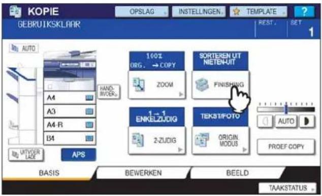 KOPIE GEBRUTKSKLAR OPSLAG INSTELLINGEN TEMPLATE ? REST SET AUTO A4 A3 A4-R B4 HAND INVOR 100% ORG. → COPY ZOOM SORTEREN UIT NIETEN-UIT FINISHING 1→1 ENKELZUDIG 2-ZUDIG TEKST/POTO ORIGIN MODUS AUTO PROEF COPY AUTYOVER LAGE APS BASIS BEWERKEN BEELD TAAKSTATUS