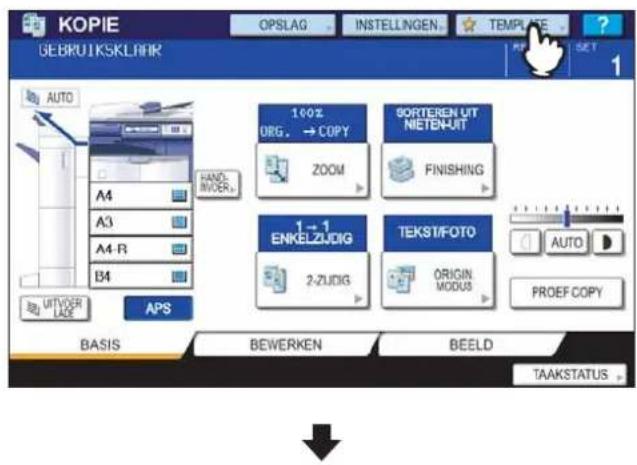 KOPIE GEBRUTKSKLHAR OPSLAG INSTELLINGEN TEMPLATE 1 AUTO A4 A3 A4-R B4 HAND INVER APS 1-00% ORG. → COPY ZOOM SORTEREN UIT NIETEN-UIT FINISHING 1→1 ENKELZJDIG 2-ZUDIG TEKST/FOTO ORIGIN MODUS AUTO PROEF COPY BASIS BEWERKEN BEELD TAAKSTATUS