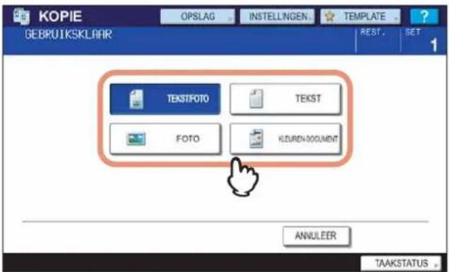 KOPIE GEBPUTKSKLBAAR OPSLAG INSTELLINGEN TEMPLATE REST. SET 1 TEKSTFOTO TEKST FOTO KLEUREN DOCUMENT ANNULEER TAAKSTATUS