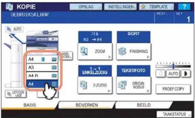 KOPIE GEBRUTIKSKLHR AUTO A4 A3 A4 R A4 71% R3 → A4 ZOOM SORT FINISHING 1 → 1 ENKELZUDIG 2-ZUDIG TEKST/FOTO ORIGIN MODUS AUTO PROEF COPY BASIS BEWERKEN BEELD TAAKSTATUS