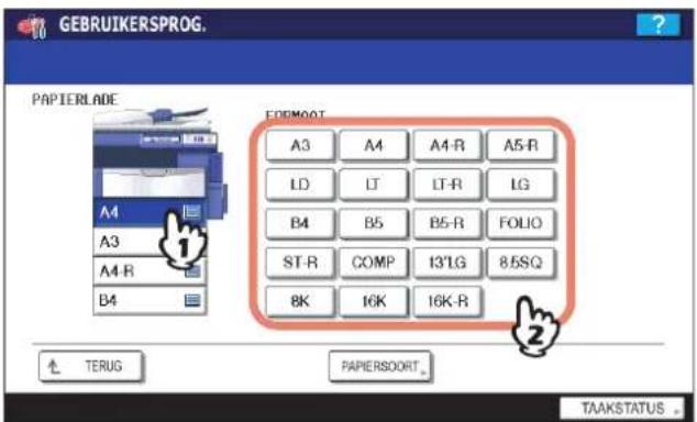 GEBRUIKERSPROG. PAPIERLADE EDEMOOT A3 A4 A4-R A5-R LD LT LT-R LG B4 B5 B5-R FOLIO ST-R COMP I3'LG 8.5SQ BK 16K 16K-R TERUG PAPIERSOORT TAAKSTATUS