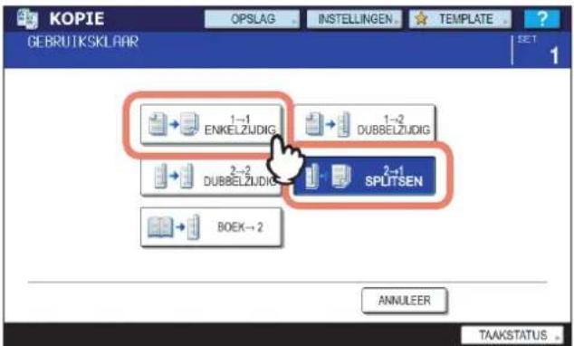 KOPIE GEBRUTSKLAR OPSLAG INSTELLINGEN TEMPLATE SET 1 ENKELZUDIG 1→1 DUBBELZUDIG 2→2 DUBBELZUDIG 2→1 SPLITSEN BOEK→2 ANNULEER TAAKSTATUS