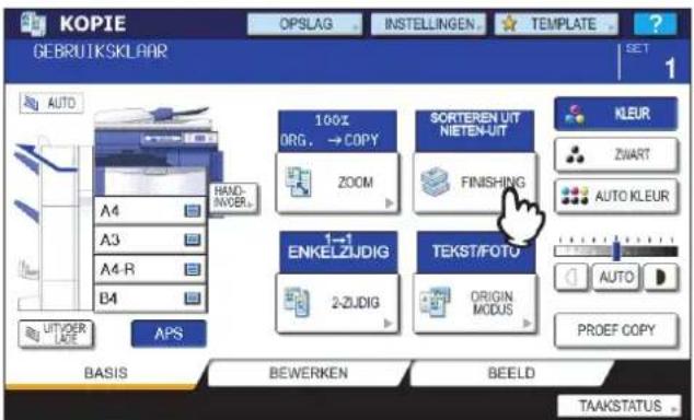 KOPIE GEBRUIKSKLAAR OPSLAG INSTELLINGEN TEMPLATE SET AUTO A4 A3 A4-R B4 100% ORG. → COPY ZOOM SORTEREN UIT NIETEN-UIT FINISHING 1→1 ENKELZIJDIG 2-ZJDIG TEKST/FOTO ORIGIN MODUS PROEF COPY AUTYDER LATE APS BASIS BEWERKEN BEELD TAAKSTATUS