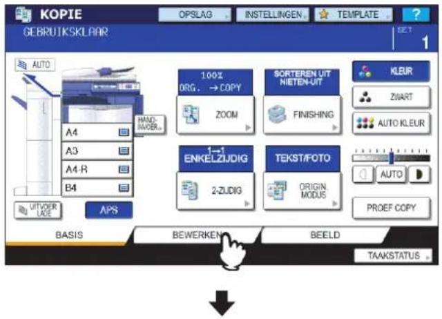 KOPIE GEBRUTSKLAR OPSLAG INSTELLINGEN TEMPLATE SET AUTO A4 A3 A4-R B4 100% ORG. → COPY ZOOM SORTEREN UIT NIETEN-UIT FINISHING 1-1 ENKELZIJDIG 2-ZJDIG TEKST/FOTO ORIGIN MODUS KLEUR ZUART AUTO KLEUR AUTO PROEF COPY BASIS BEWERKEN BEELD TAAKSTATUS