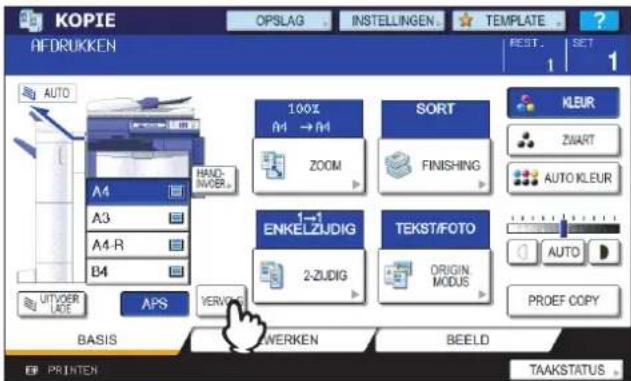 KOPIE OFDRUKKEN OPSLAG . INSTELLINGEN . TEMPLATE . REST. SET 1 AUTO A4 A3 A4-R B4 HAND- INVER. 100% M → M ZOOM SORT FINISHING KLEUR ZWART AUTO KLEUR 1→1 ENKELZJDIG 2-ZJDIG TEKST/FOTO ORIGIN. MODUS AUTO PROEF COPY AUTVOER LIDE APS VERVO BASIS WERKEN BEELD TAAKSTATUS . PRINTEN