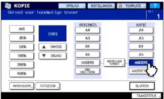 KOPIE OPSLAG INSTELLINGEN TEMPLATE Gereed voor handmatige Invoer 1 AMS 25% 50% 100% 200% 400% 100% ONHOOG ONLAG ORIGINEEL A4 A3 B4 A5 ANDERS GEM CIRG FORM INSTELLING FORMAT ANDERS ANDERMAPI KOPIE A4 A3 B4 A5 ANDERS ANDERMAPI PAPIERSOORT FOTOZOOM SLUITEN TAAKSTATUS
