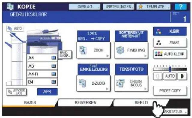 KOPIE GEBRUTKSKLAAR OPSLAG INSTELLINGEN TEMPLATE SET AUTO A4 A3 A4-R B4 100% ORG. → COPY ZOOM SORTEREN UIT NIETEN-UIT FINISHING 1→1 ENKELZIJDIG 2-ZUDIG TEKST/FOTO ORIGIN MODUS KLEUR ZWART AUTO KLEUR AUTO PROEF COPY APS BASIS BEWERKEN BEELD AKSTATUS