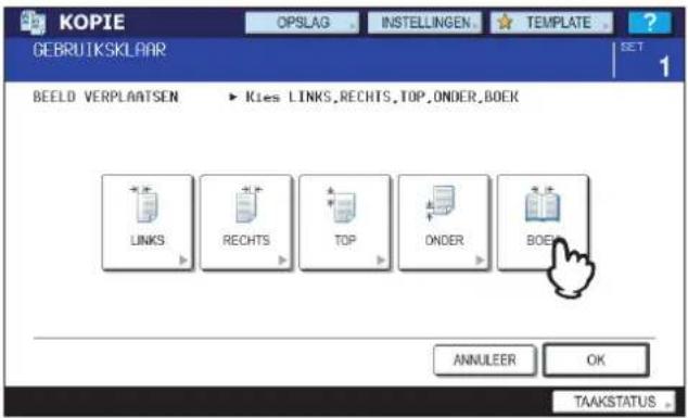 KOPIE GEBRUIKSKLAAR OPSLAG . INSTELLINGEN . TEMPLATE . ? BEELD VERPLAATSEN ▶ Kies LINKS.RECHTS.TOP,ONDER,BOEK LINKS RECHTS TOP ONDER BOEK ANNULEER OK TAAKSTATUS