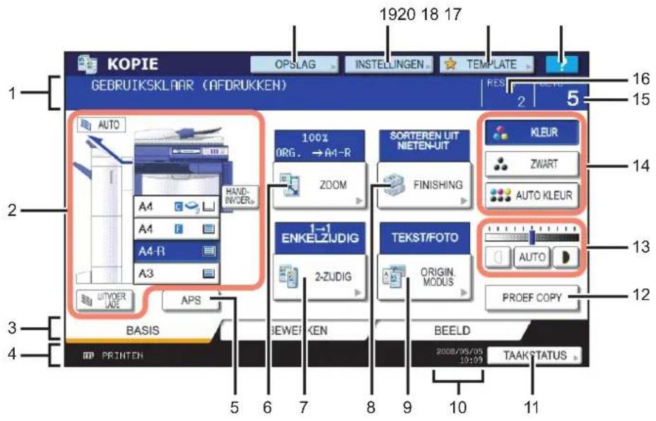 1920 18 17 KOPIE OPSLAG INSTEELINGEN TEMPLATE GEBRUIKSKLAAR (AFDRUKKEN) RES 2 5 16 15 AUTO HAND- INKOER A4 A4 A4-R A3 100% ORG. → A4-R ZOOM SORTEREN UIT NIETEN-UIT FINISHING 1-1 ENKELZIJDIG 2-ZUDIG TEKST/FOTO ORIGIN. MODUS PROEF COPY AUTO BASIS BEWER KEN BEELD 2008/05/05 10:03 TAAKSTATUS PRINTEN UPS 5 6 7 8 9 10 11