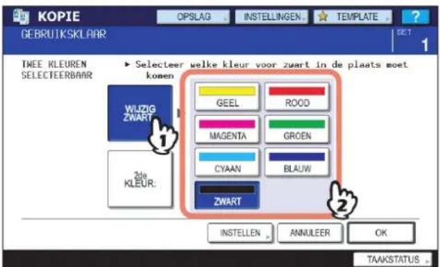 KOPIE GEBRUIKSKLAAR OPSLAG INSTELLINGEN TEMPLATE SET 1 TWEE KLEUREN SELECTEERBAAR ► Selecteer welke kleur voor zwart in de plaats moet komen GEEL ROOD MAGENTA GROEN CYAAN BLAUW ZWART 2do KLEUR: INSTELEN ANNULEER OK TAAKSTATUS