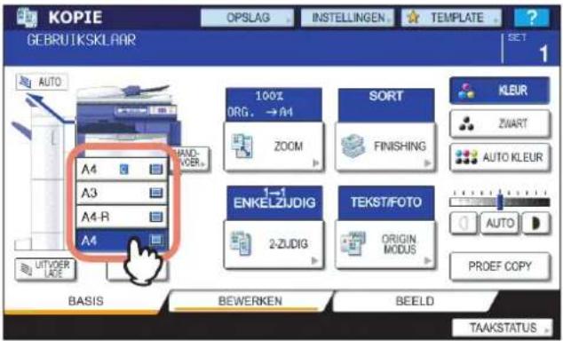 KOPIE GEBRUTIKSKLAAR OPSLAG INSTELLINGEN TEMPLATE SET AUTO A4 A3 A4-R A4 100% ORG. → A4 ZOOM SORT FINISHING 1→1 ENKELZJDIG 2-ZJDIG TEKST/FOTO ORIGIN MODUS KLEUR ZWART AUTO KLEUR AUTO PROEF COPY BASIS BEWERKEN BEELD TAAKSTATUS