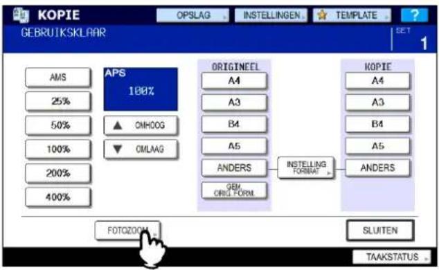 KOPIE GEBRUIKSKLAAR OPS 100% AMS 25% 50% 100% 200% 400% ORIGINEEL A4 A3 B4 A5 ANDERS GEM CRC FORM INSTELLING FORMAT KOPIE A4 A3 B4 A5 ANDERS FOTOZOOM SLUITEN TAAKSTATUS