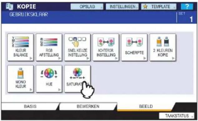KOPIE GEBRUIKSKLAAR OPSLAG INSTELLINGEN TEMPLATE SET 1 KLEUR BALANCE RGB AFSTELLING SNEL KEUZE INSTELLING ACHTERGR. INSTELLING SCHERPTE 2 KLEUREN KOPIE MONO KLEUR HUE SATURATION BASIS BEWERKEN BEELD TAAKSTATUS