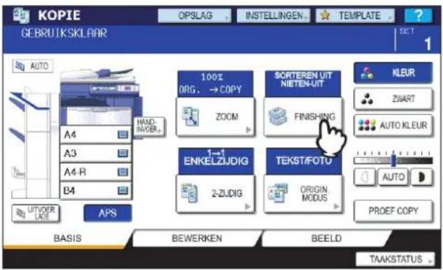 KOPIE GEBRUIKSKLAAR OPSLAG INSTELLINGEN TEMPLATE SET AUTO A4 A3 A4-R B4 100% ORG. → COPY ZOOM SORTEREN UIT NIETEN-UIT FINISHING 1→1 ENKELZJDIG 2-ZJDIG TEKST/FOTO ORIGIN MODUS PROEF COPY AUTVOER LAGE APS BASIS BEWERKEN BEELD TAAKSTATUS