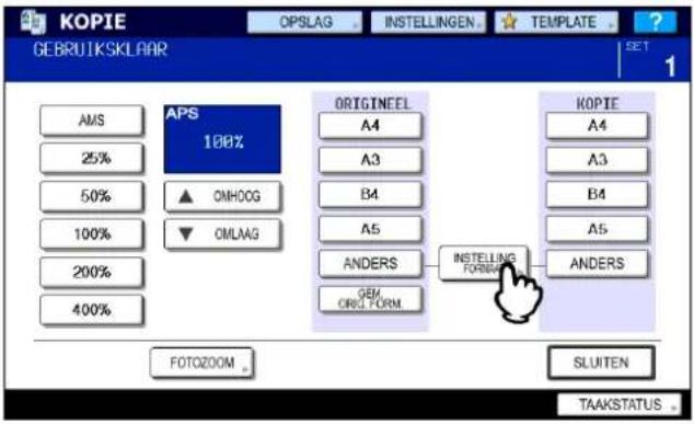 KOPIE GEBRUIKSKLAAR OPS 100% AMS 25% 50% 100% 200% 400% ORIGINEL A4 A3 B4 A5 ANDERS GEM/ ORIG FORM KOPIE A4 A3 B4 A5 ANDERS INSTALLING FORM FOTOZOOM SLUITEN TAAKSTATUS
