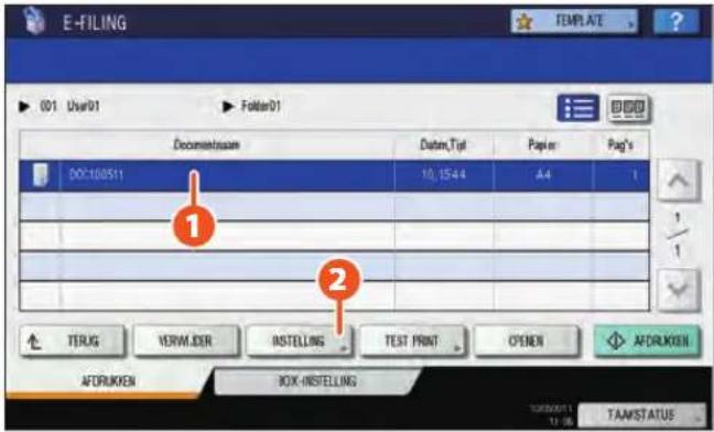 E-FILING 001 User01 Folfer01 Documen/issam Dutten_Tyl Paper Pag's DO:100511 10, 1544 A4 1 2 TERUG VERWINDER RISTELLING TEST PRINT OPEN AFDRUKEN BOX-INSTELLING 10650011 12:06 TAM/STATUS